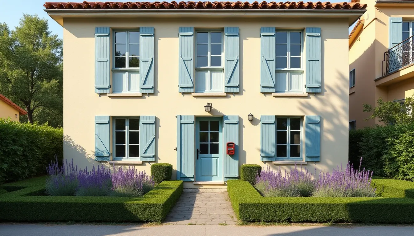 Immeuble résidentiel en copropriété bien entretenu à Aix-en-Provence avec façade soignée, volets bleus et jardin méditerranéen sous la lumière du Midi
