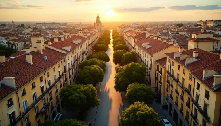 Vue aérienne du centre historique d'Aix-en-Provence avec ses immeubles en copropriété à toits de tuiles et le Cours Mirabeau sous une lumière méditerranéenne dorée