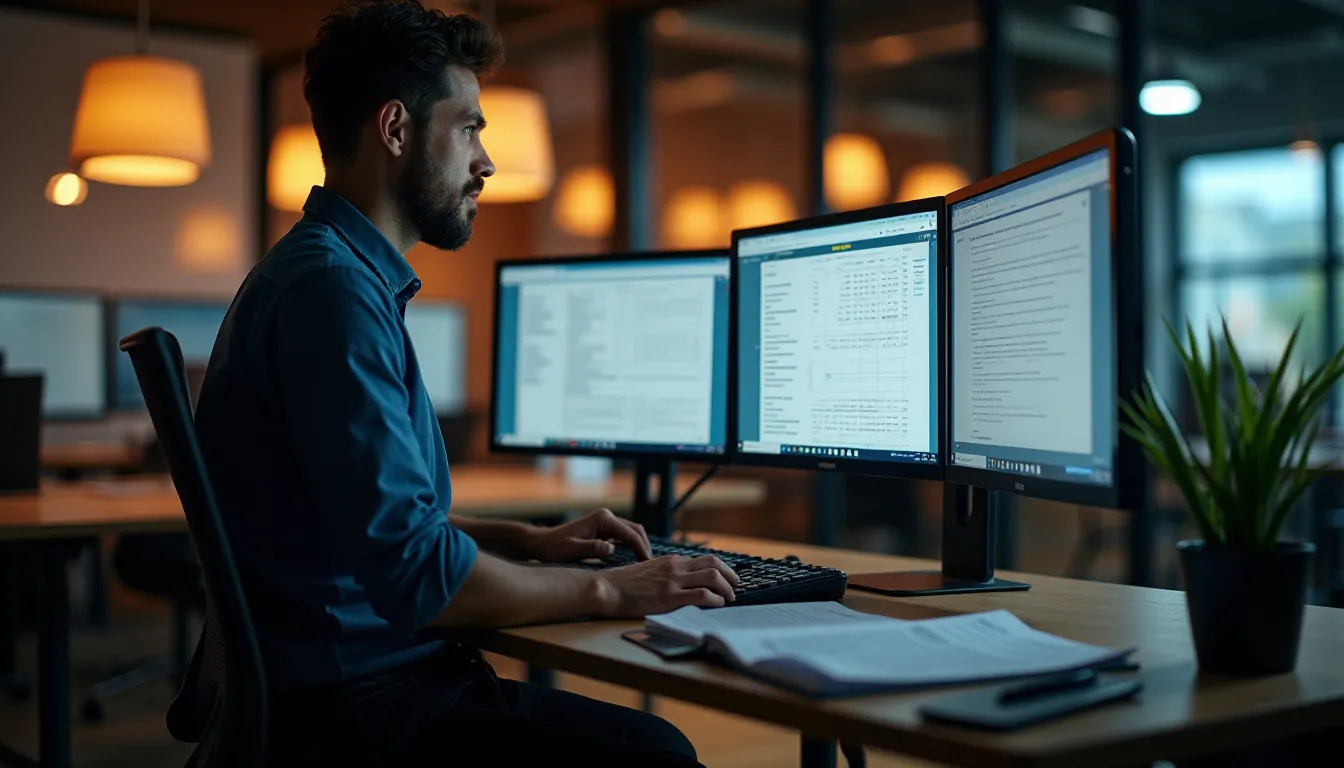 Gestionnaire immobilier analysant des dossiers de candidature locative sur plusieurs écrans dans un bureau professionnel moderne