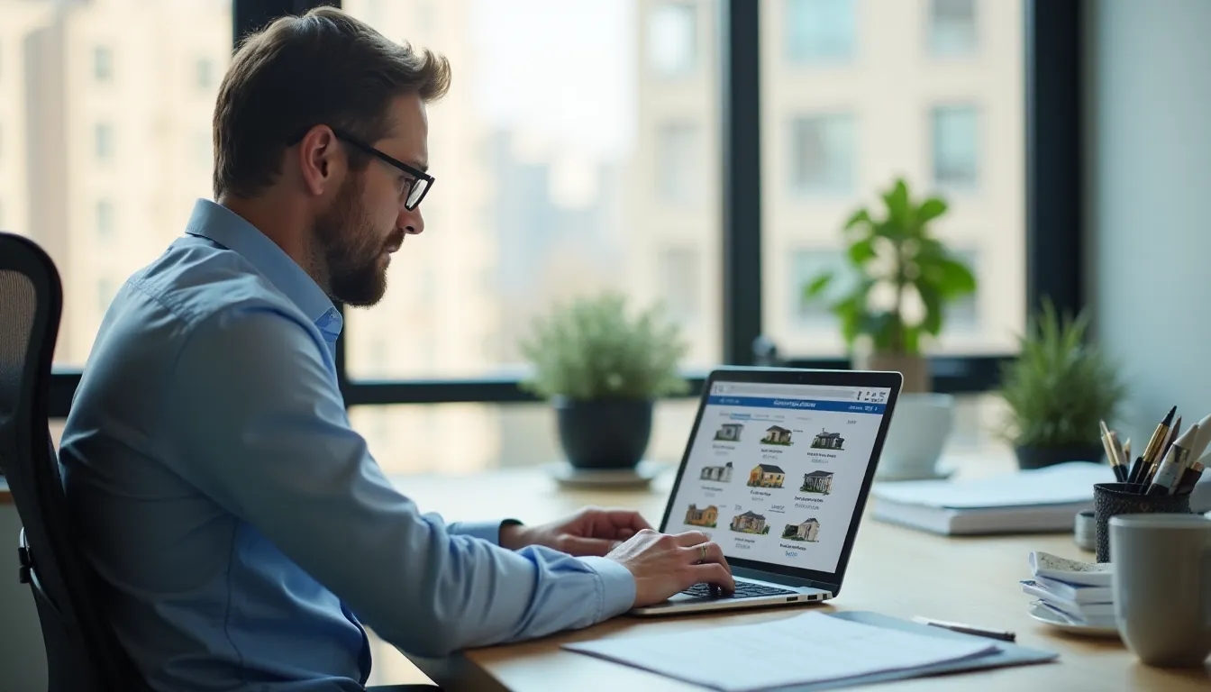 Un gestionnaire locatif professionnel consultant des annonces immobilières sur leboncoin depuis son bureau organisé et lumineux