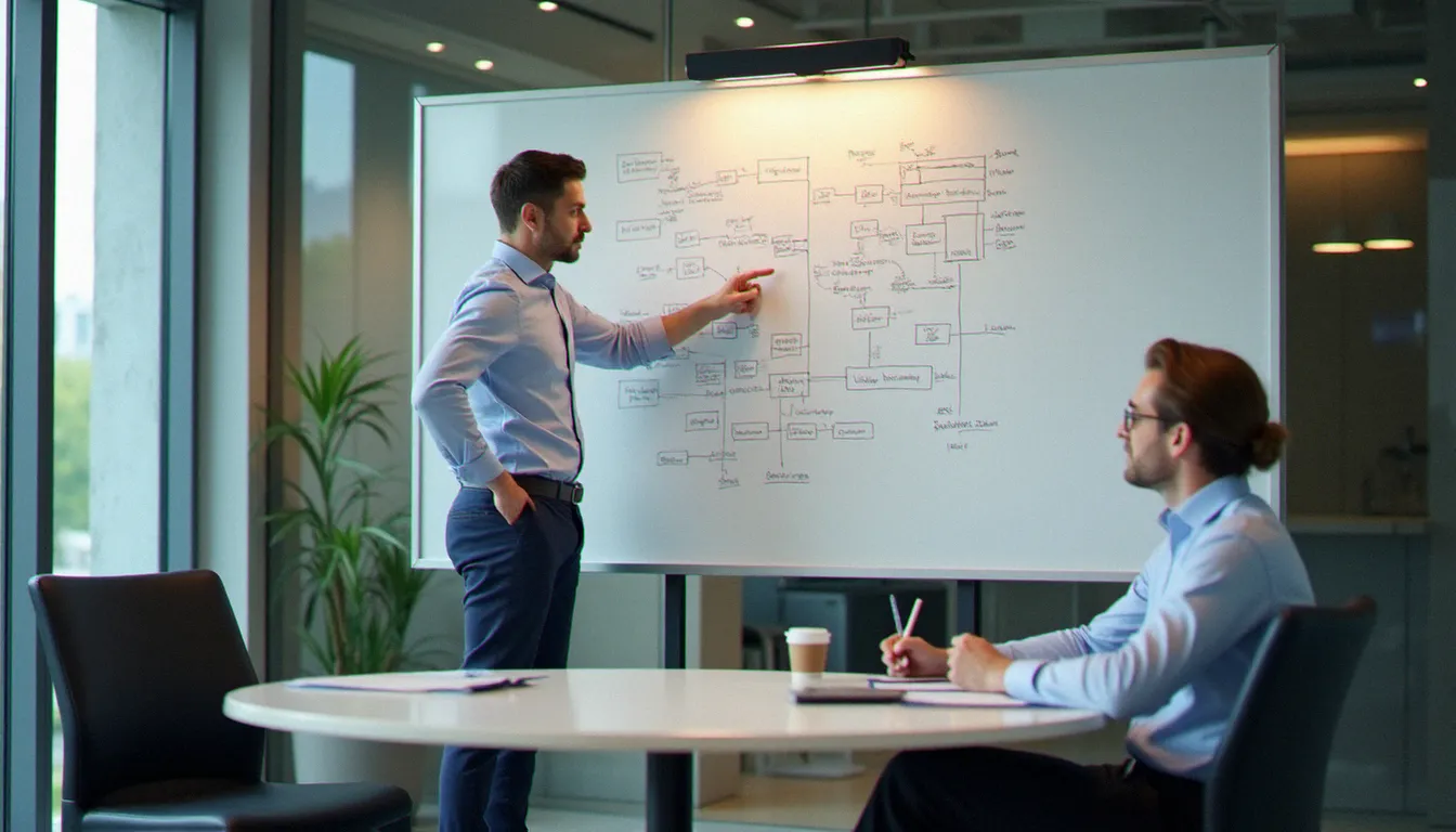 Deux professionnels analysant un diagramme de workflow de gestion sur un tableau blanc dans une salle de réunion contemporaine