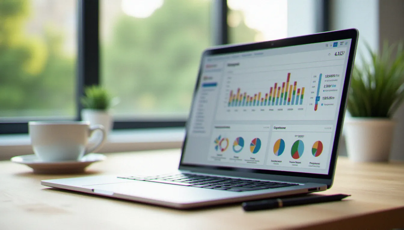 Tableau de bord de gestion organisationnelle avec indicateurs de performance et graphiques affiché sur un ordinateur portable dans un espace de travail épuré