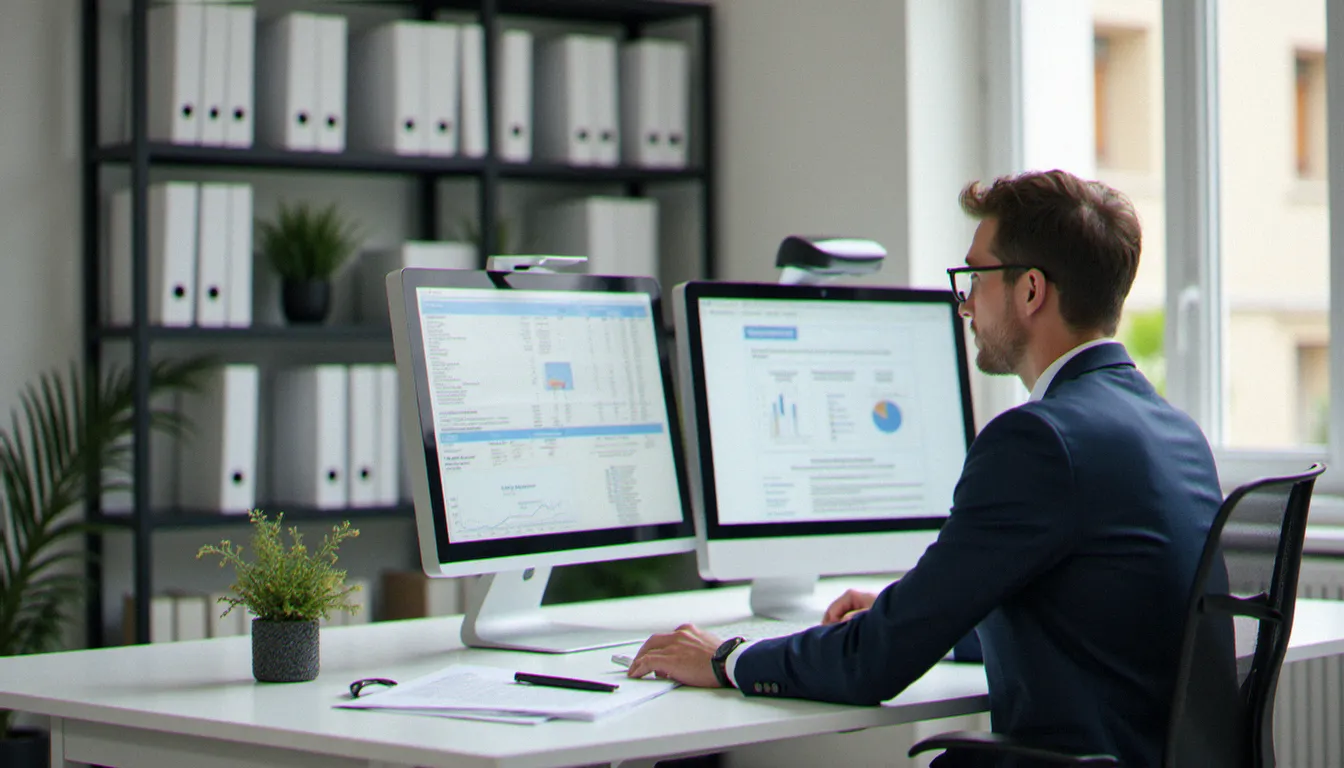 Gestionnaire de copropriété consultant des documents comptables structurés dans un bureau professionnel organisé, représentant la rigueur administrative nécessaire à la gestion d'immeubles à Angoulême