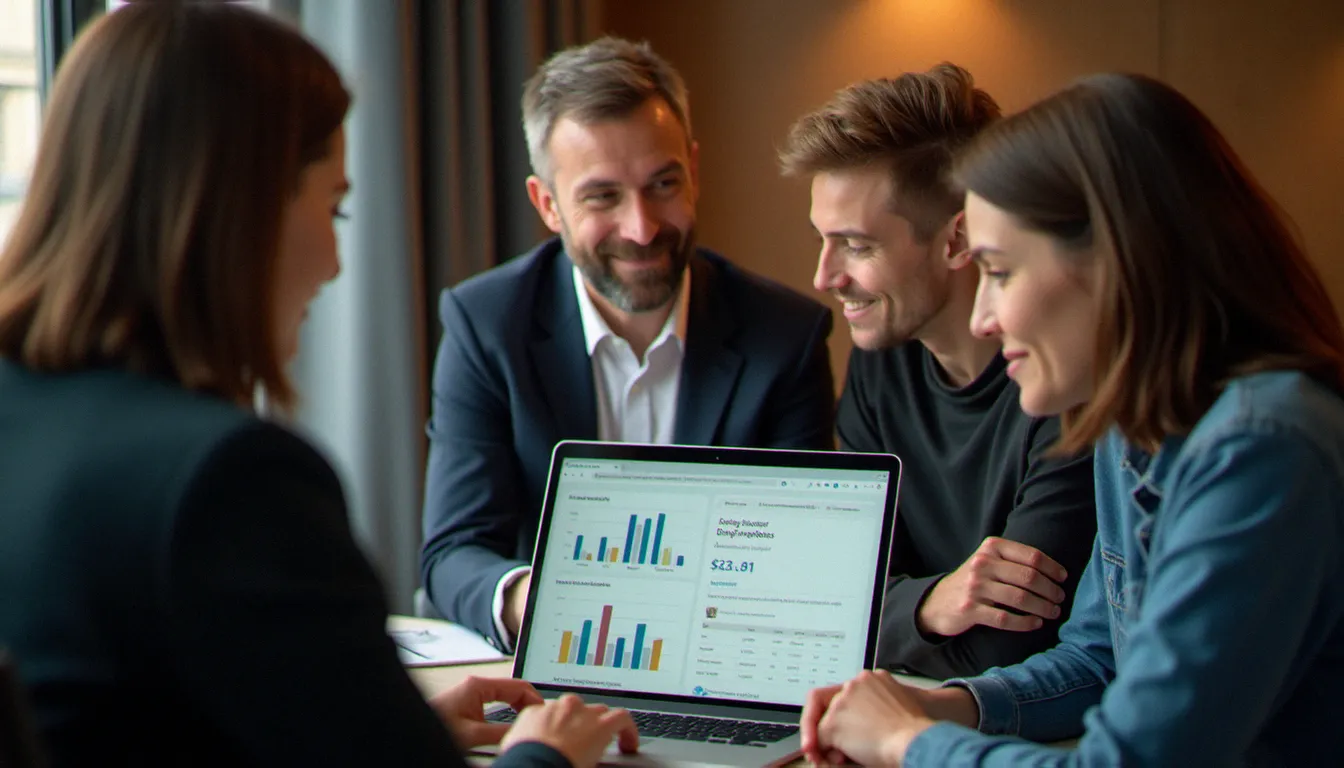 Conseil syndical d'une copropriété charentaise découvrant une solution de gestion digitale lors d'une réunion de travail avec leur prestataire à Angoulême