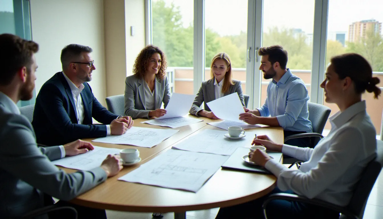 Réunion de conseil syndical à Annemasse, copropriétaires et syndic examinant ensemble les documents de gestion et les plans de l'immeuble