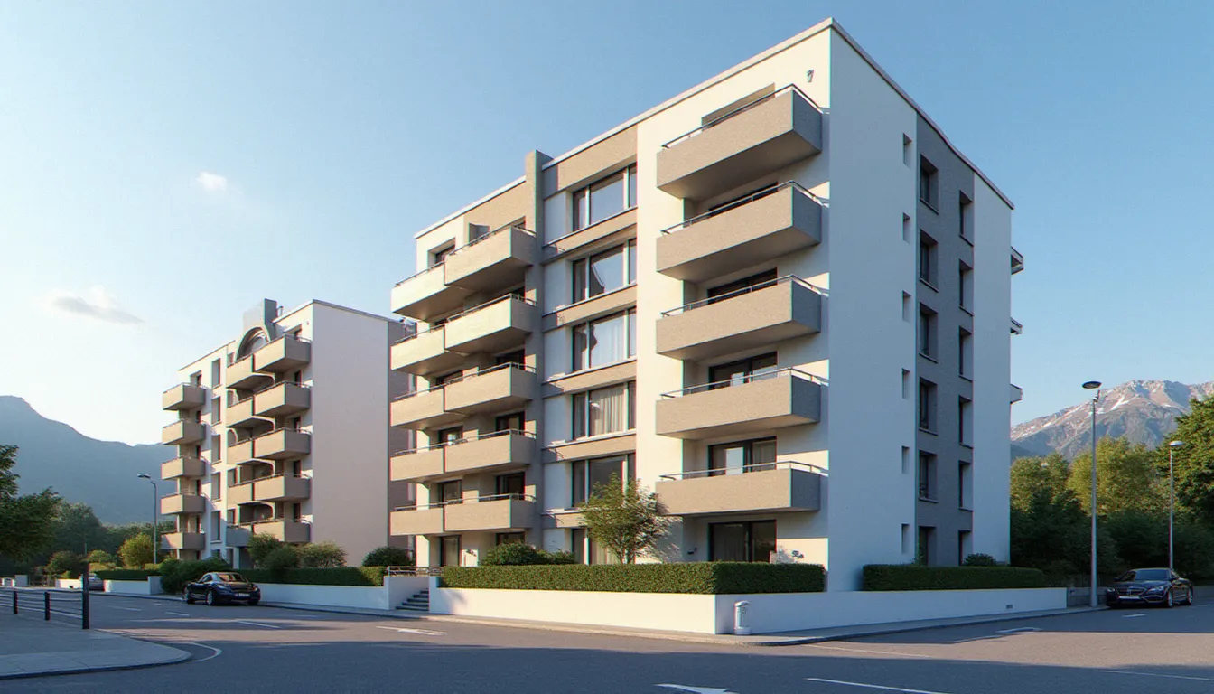 Immeuble de copropriété moderne à Annemasse avec balcons et vue sur les Alpes, représentatif du parc résidentiel de la ville frontalière de Haute-Savoie