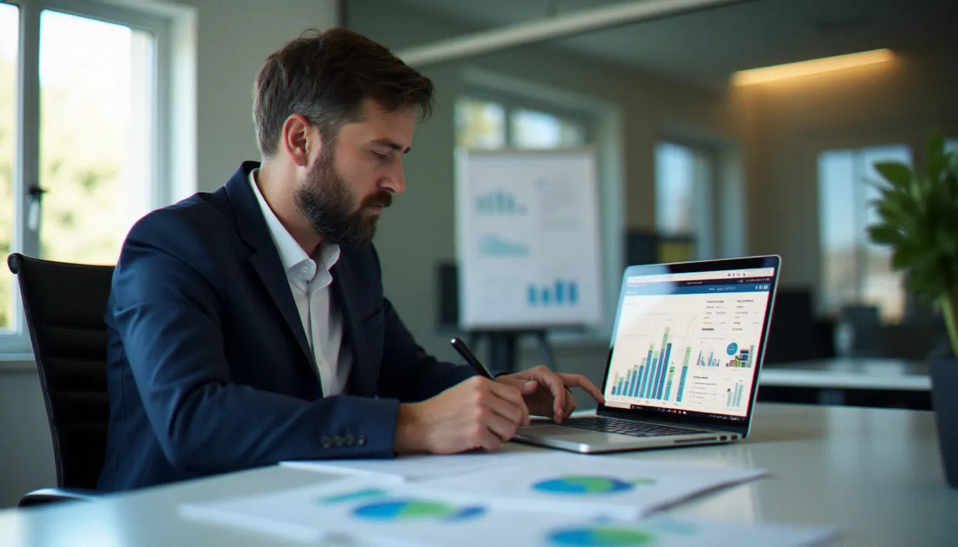 Consultant immobilier analysant les indicateurs du marché locatif d'Argenteuil sur ordinateur dans un bureau professionnel lumineux