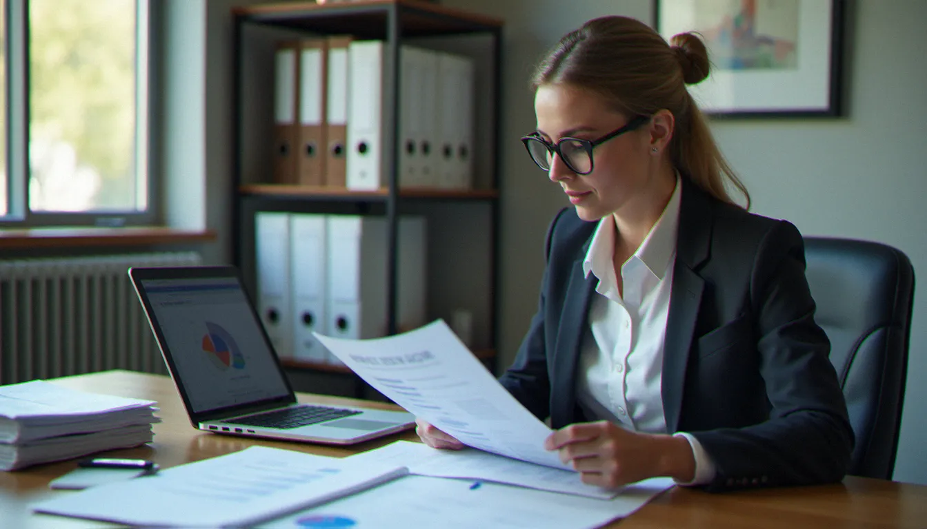 Gestionnaire de copropriété analysant les documents comptables d'une résidence comme l'Arvor Rennes dans un bureau professionnel