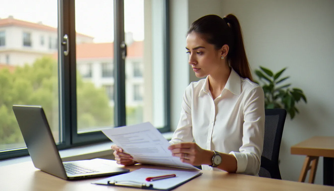 Une gestionnaire locative professionnelle analysant des contrats de bail et des listes de vérification dans un bureau lumineux, illustrant la rigueur de la gestion locative professionnelle à Aubagne