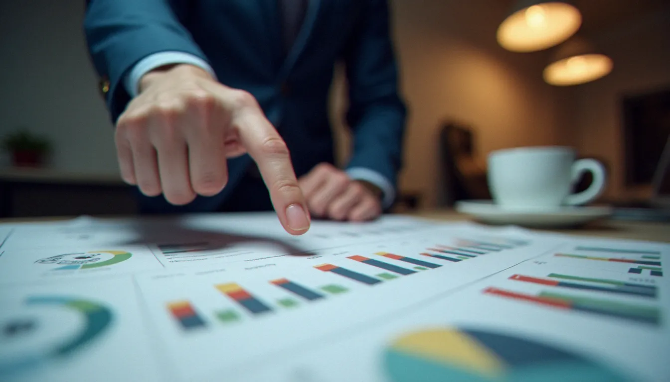 Analyse des indicateurs de performance organisationnelle par un consultant, tableaux de bord et statistiques posés sur un bureau, illustration de la mesure des résultats à Bergerac