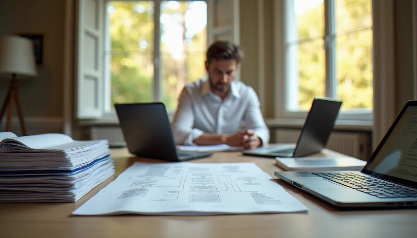 Consultant en gestion organisant des documents et diagrammes de processus dans un bureau à Bergerac, illustrant une démarche d'organisation structurée