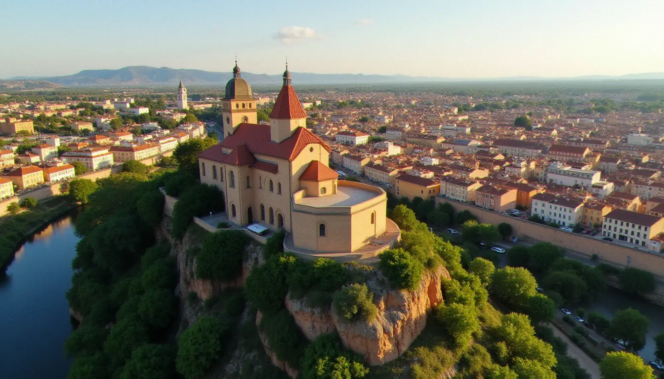 Vue aérienne de la ville de Béziers avec sa cathédrale Saint-Nazaire dominant le tissu économique et urbain de la cité héraultaise