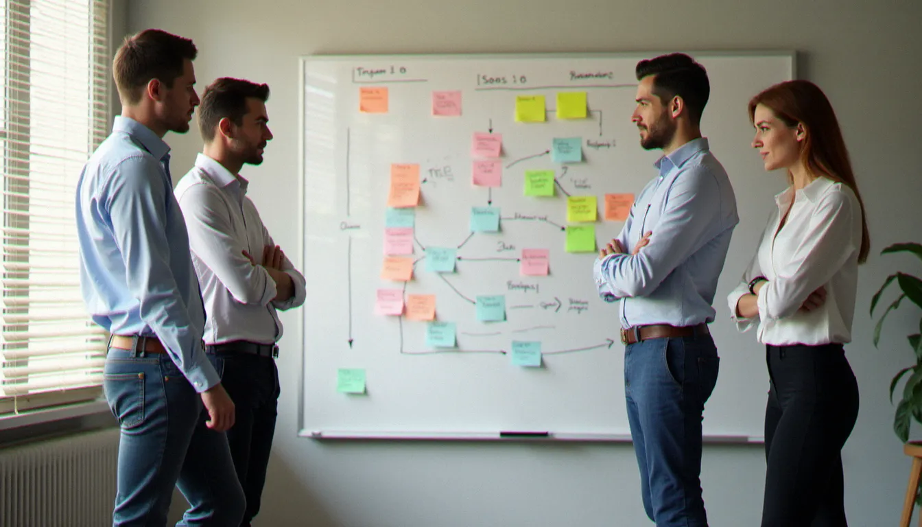 Équipe de professionnels cartographiant les dysfonctionnements organisationnels sur un tableau blanc lors d'un audit de processus à Blois