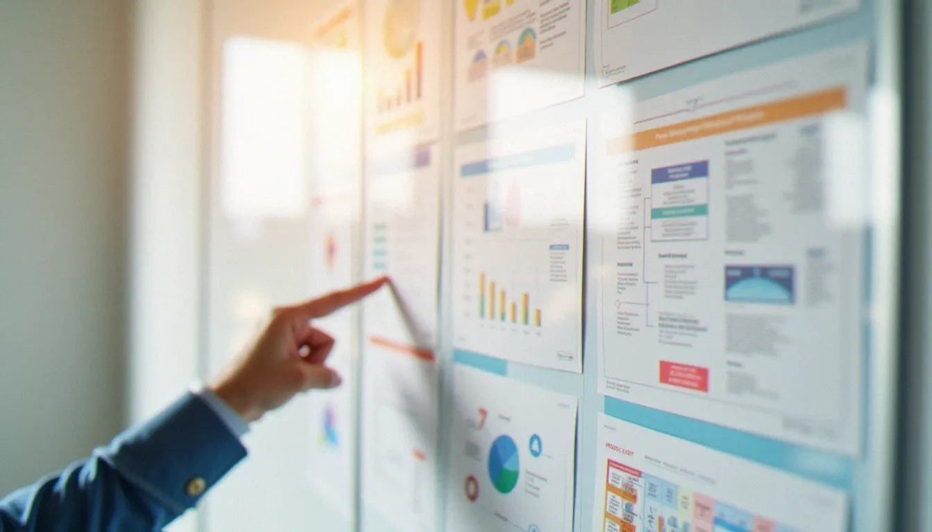 Tableau de gestion de processus structuré avec fiches méthodologiques dans un bureau professionnel dédié à la gestion de structures à Bourges
