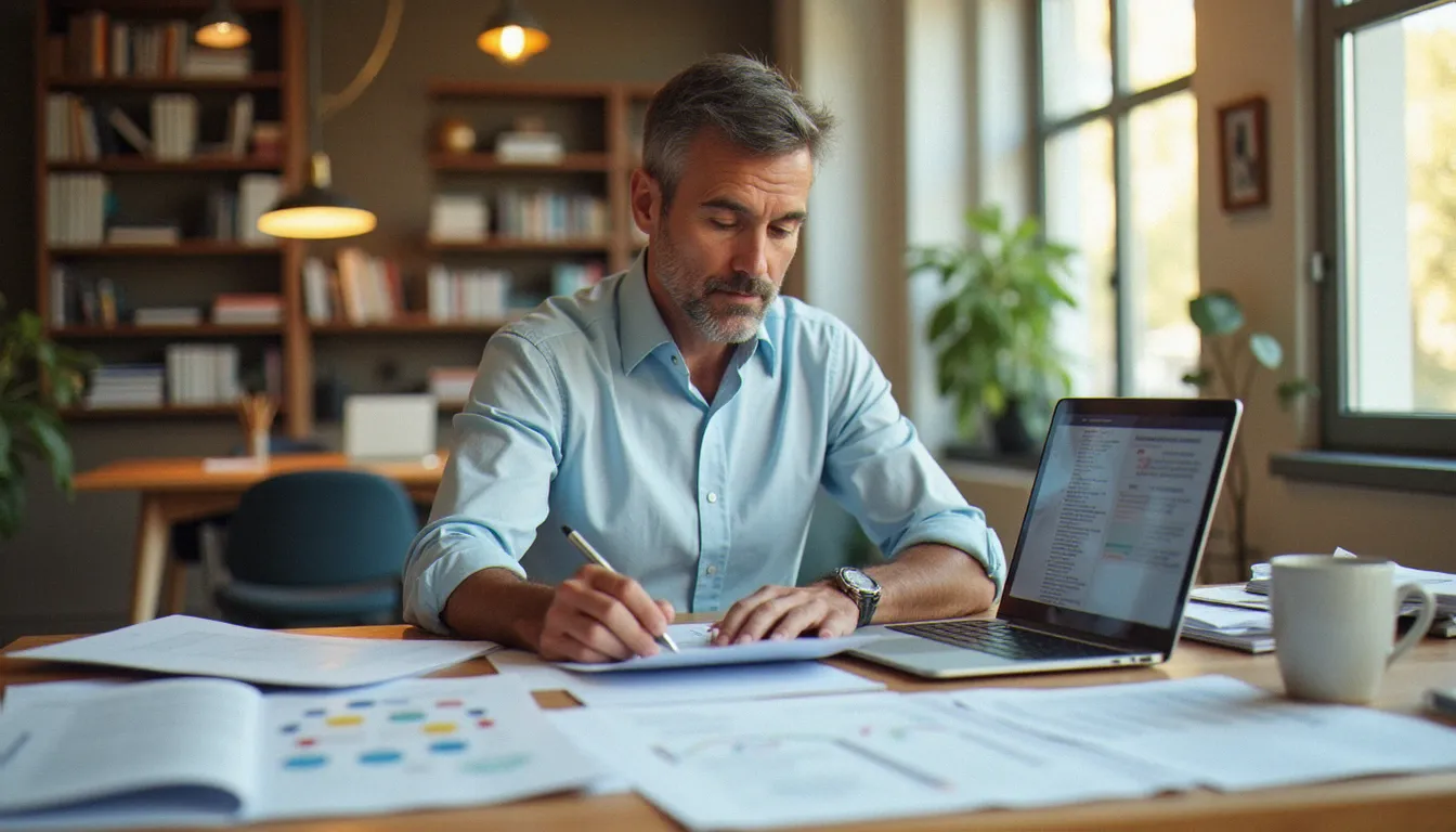 Consultant en gestion organisationnelle analysant des documents structurés dans un bureau professionnel à Bourges