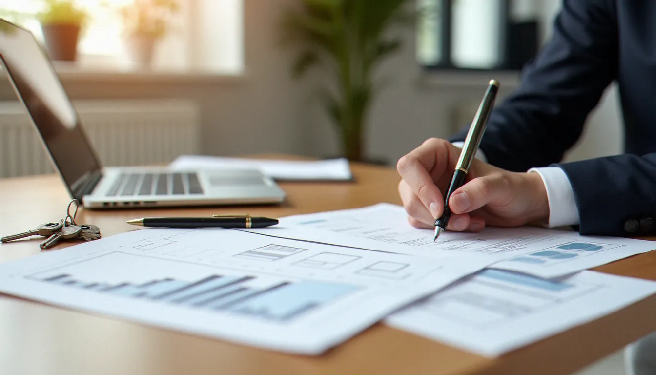 Bureau d'un agent immobilier à Bucarest avec un contrat d'achat en cours de signature, un ordinateur affichant des graphiques de rendement et des clés d'appartement posées sur des plans architecturaux