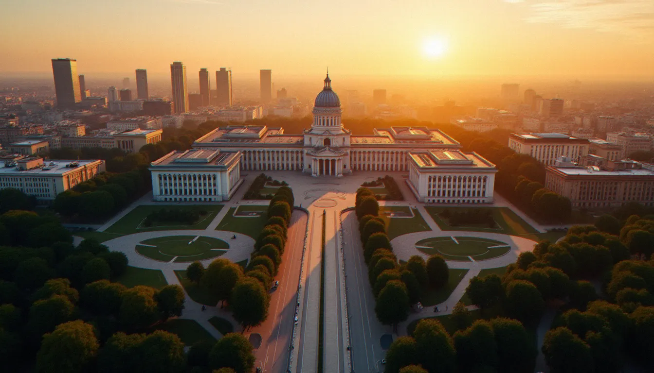 Vue aérienne de Bucarest au coucher du soleil montrant le Palais du Parlement et les boulevards haussmanniens aux côtés d'immeubles modernes, illustrant le dynamisme immobilier de la capitale roumaine
