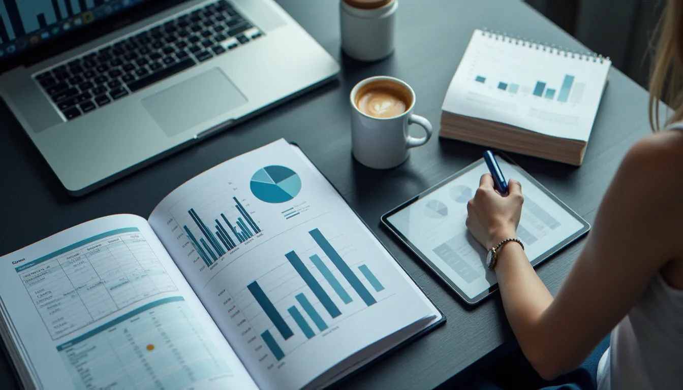 Vue aérienne d'un poste de travail organisé avec tableau de bord budgétaire sur ordinateur et rapport financier imprimé