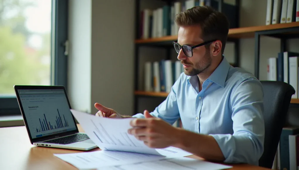 Consultant analysant un budget prévisionnel d'entreprise sur ordinateur