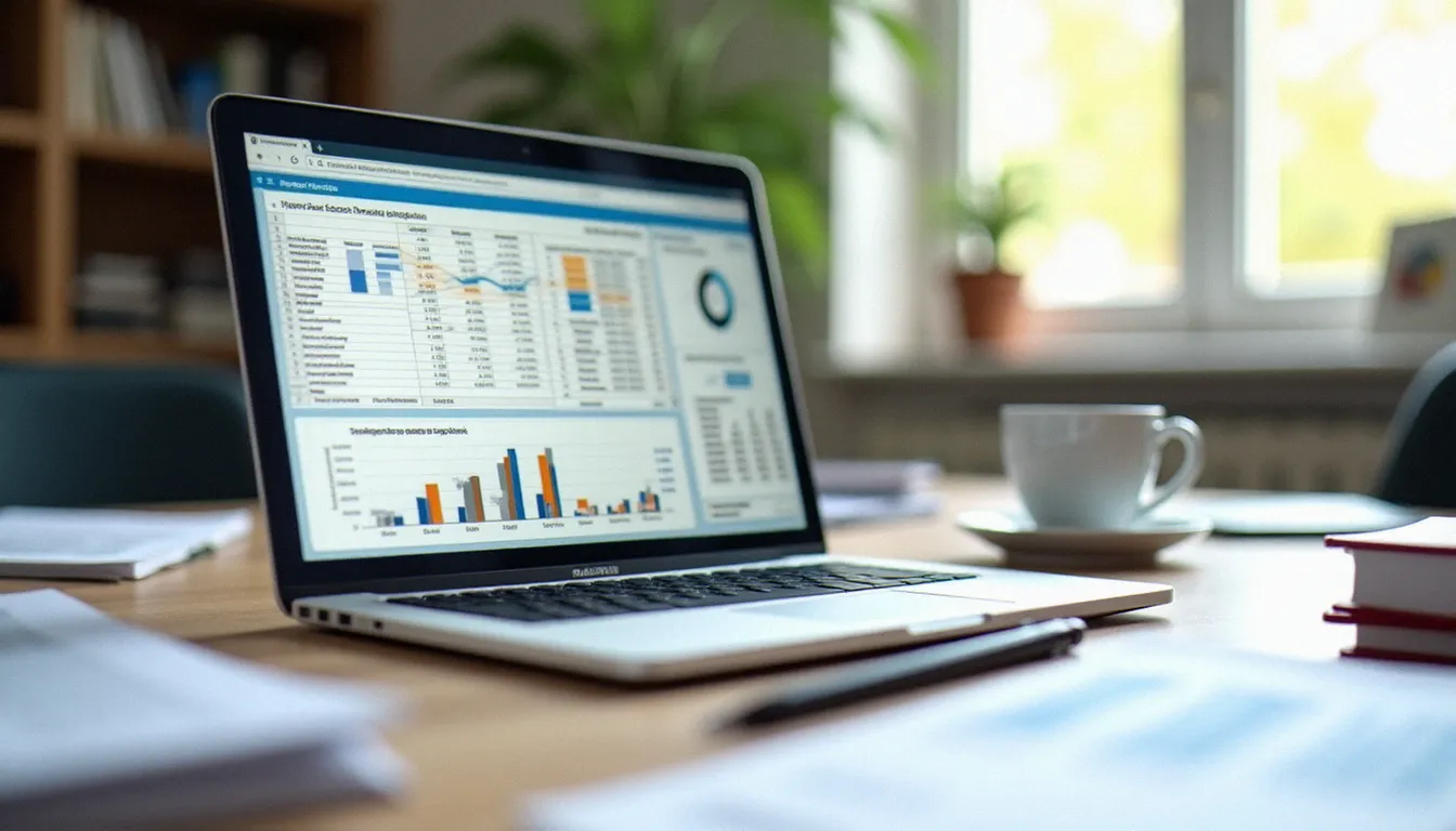 Tableau d'analyse du chiffre d'affaires Languedoc par segment sur écran d'ordinateur portable avec graphiques trimestriels de performance commerciale