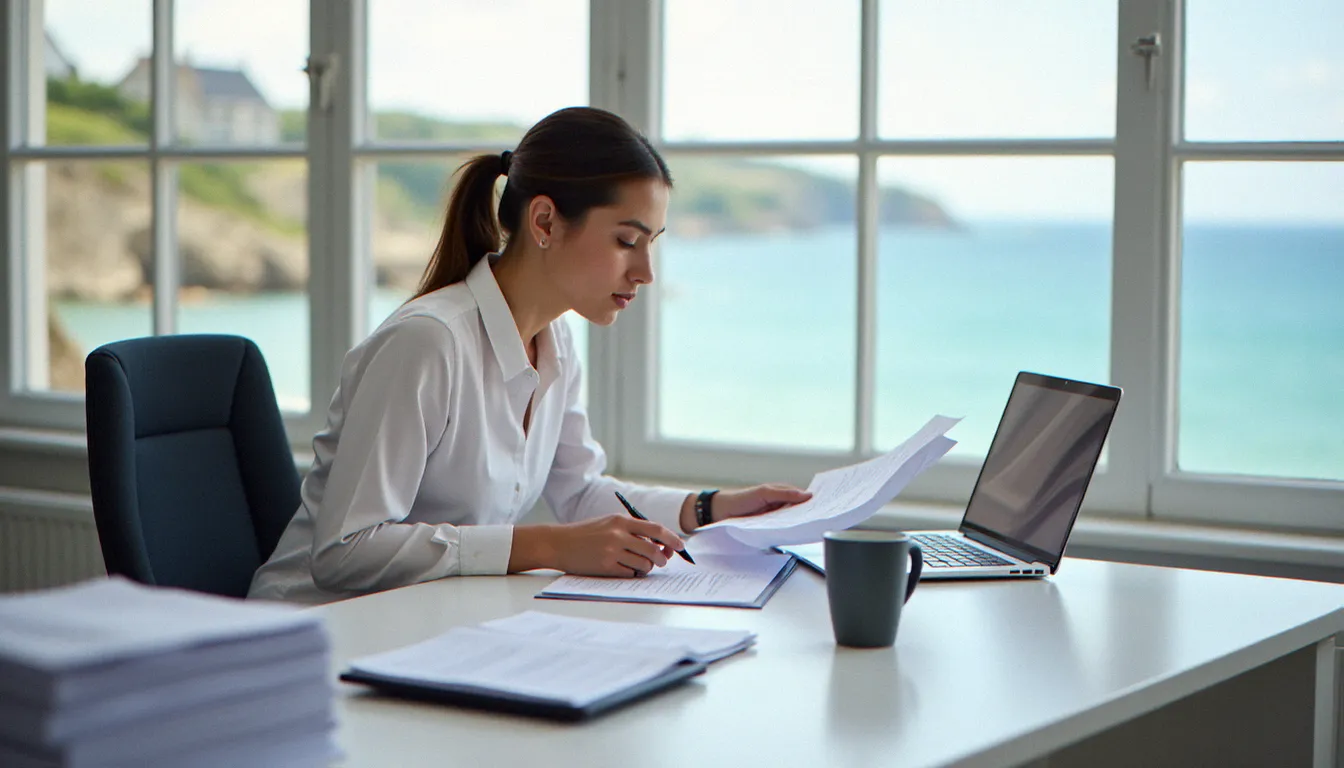 Gestionnaire immobilier organisant des documents de location saisonnière avec méthode sur un bureau bien structuré en vue de la saison à Carantec