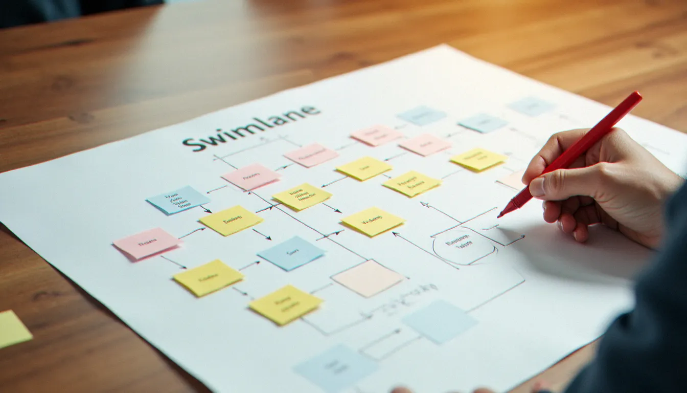 Vue aérienne d'une cartographie de processus manuscrite avec post-it colorés sur une table de réunion, représentant la phase de diagnostic organisationnel pour les PME de Cavaillon