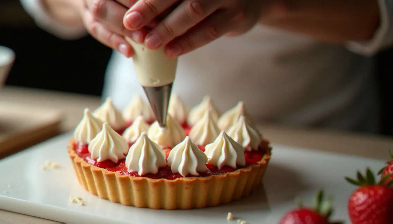 Mains de pâtissier décorant une tarte aux fraises avec une poche à douille cannelée garnie de chantilly maison sur plan de marbre blanc
