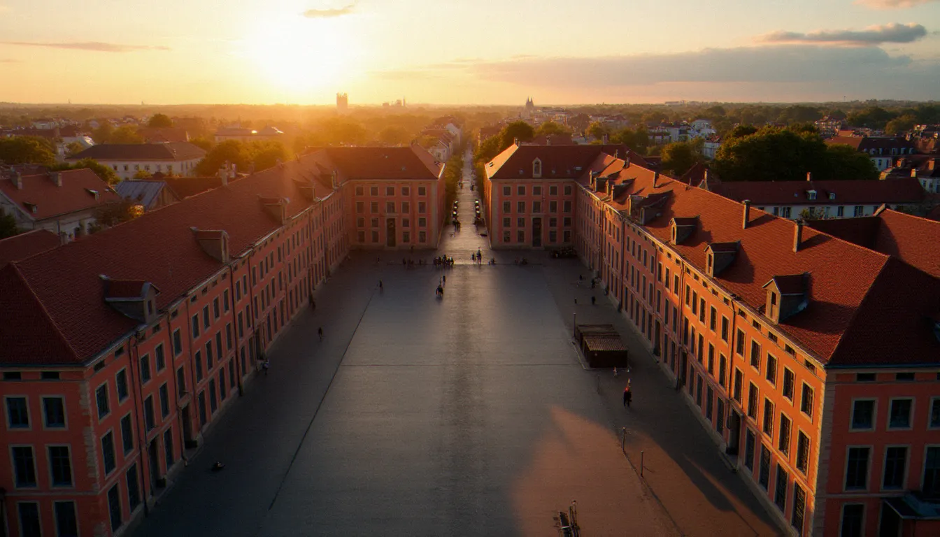 Vue aérienne de la Place Ducale de Charleville-Mézières au coucher du soleil, cœur historique et économique de la ville ardennaise