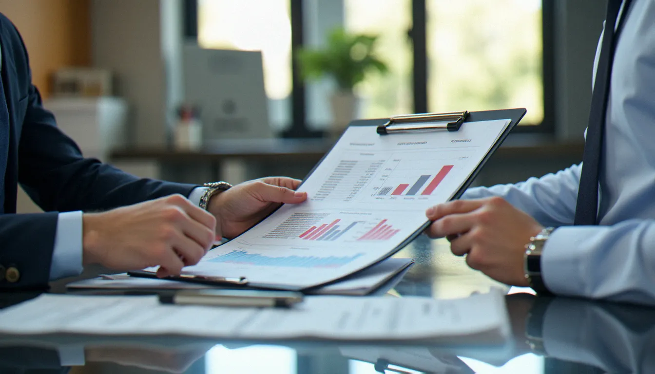 Gestionnaire de copropriété professionnel consultant des documents et outils numériques de gestion immobilière dans un bureau moderne