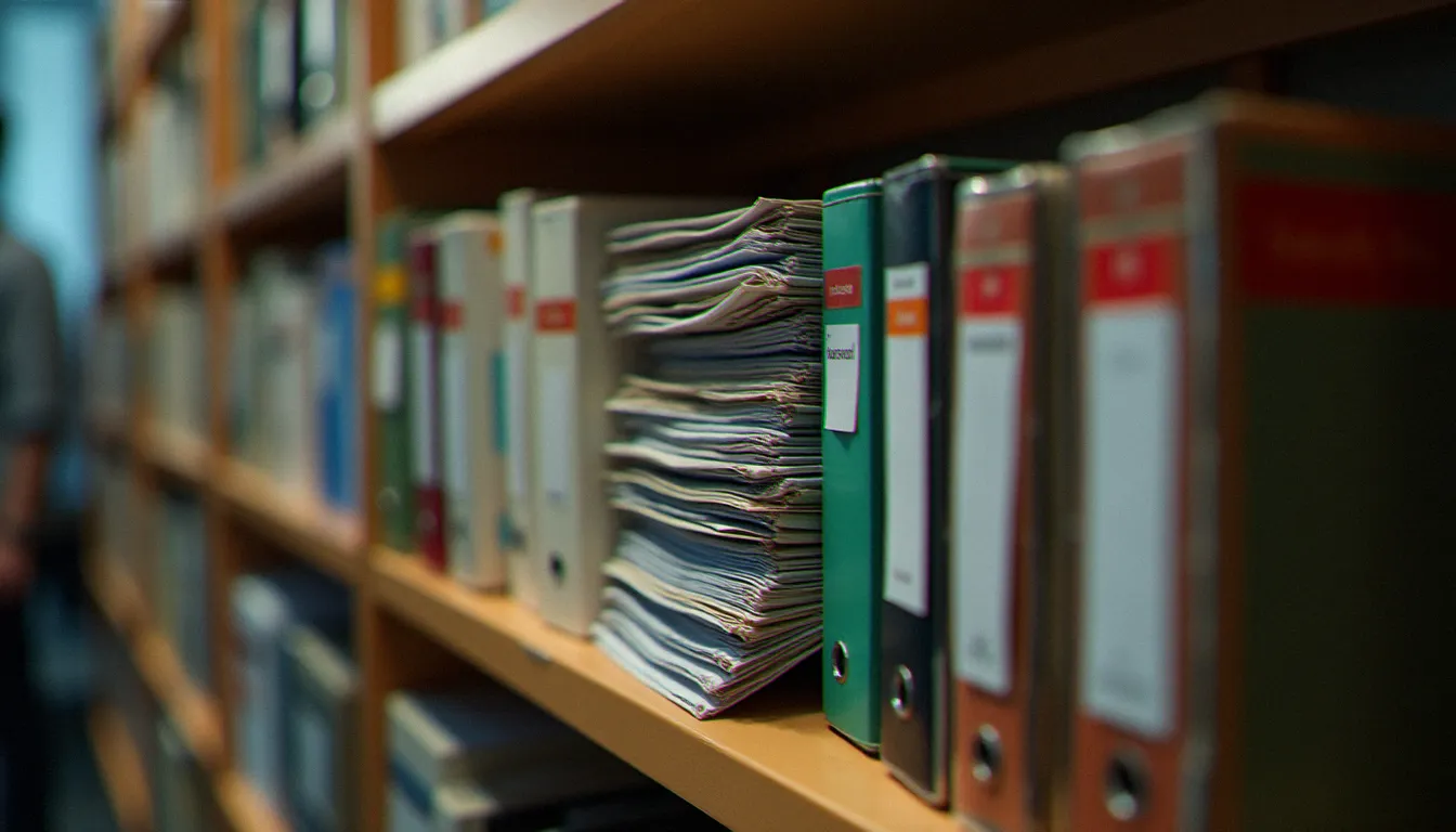 Classeurs et archives documentaires bien organisés d'une copropriété, illustrant la rigueur de la gestion administrative et documentaire