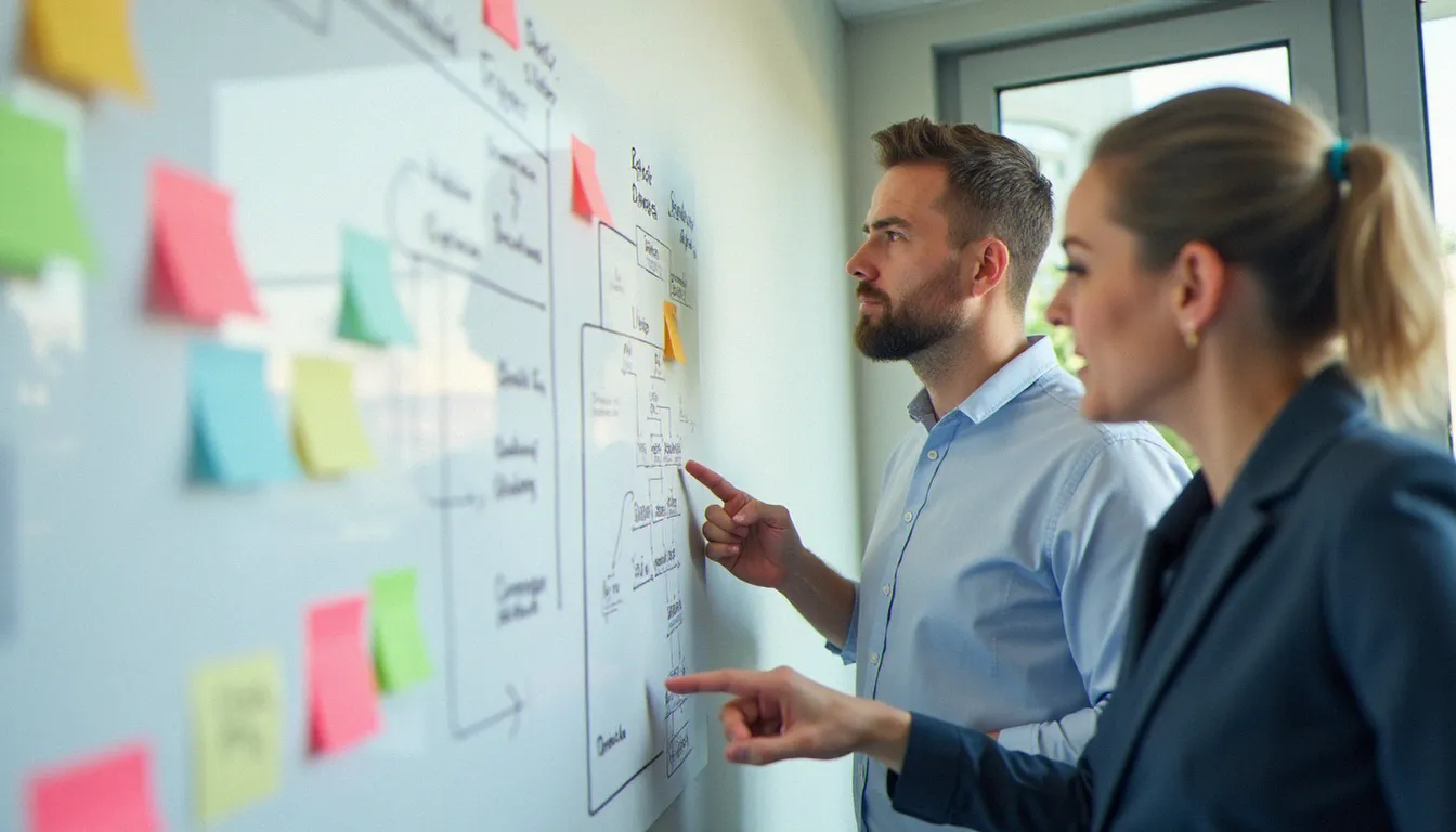 Deux professionnels cartographiant des processus internes sur un tableau blanc lors d'un atelier d'identification des freins organisationnels