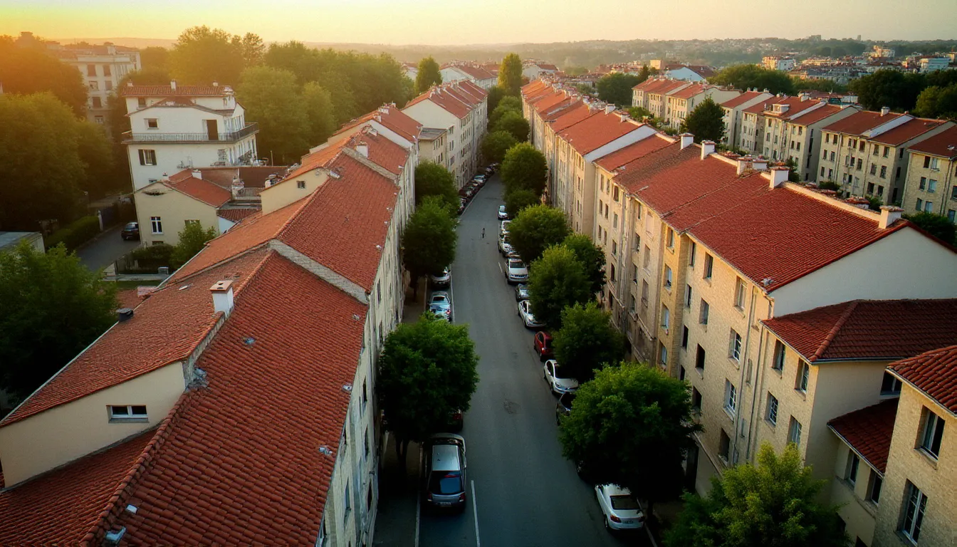 Vue aérienne d'un quartier résidentiel du sud de la France représentant le parc immobilier géré dans le cadre de partenariats avec le Crédit Agricole Immobilier