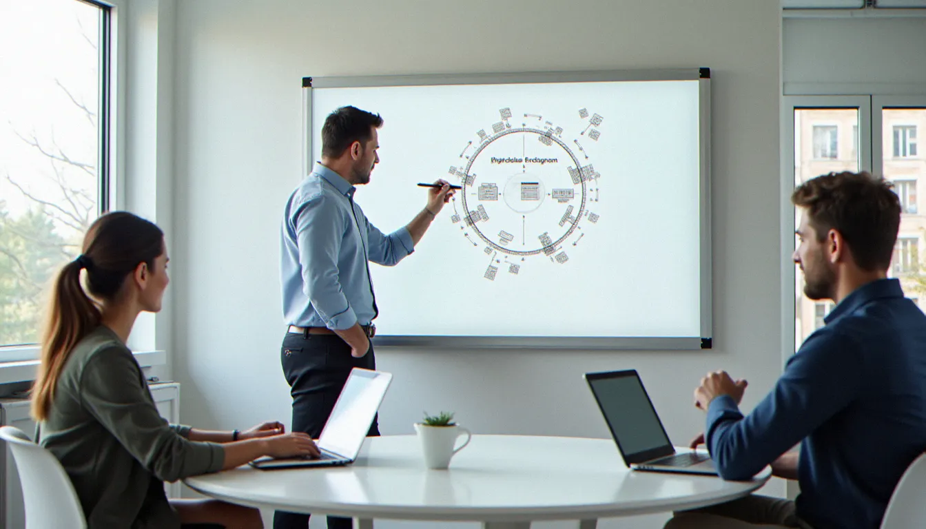 Consultant présentant un schéma de processus organisationnels à une petite équipe dans un bureau moderne bien éclairé, illustrant la méthode de structuration pas-à-pas