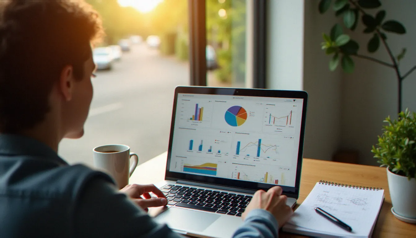 Dirigeant d'une structure locale consultant ses indicateurs de gestion sur un ordinateur portable dans un bureau ordonné, illustrant le pilotage efficace d'une activité à Erdeven