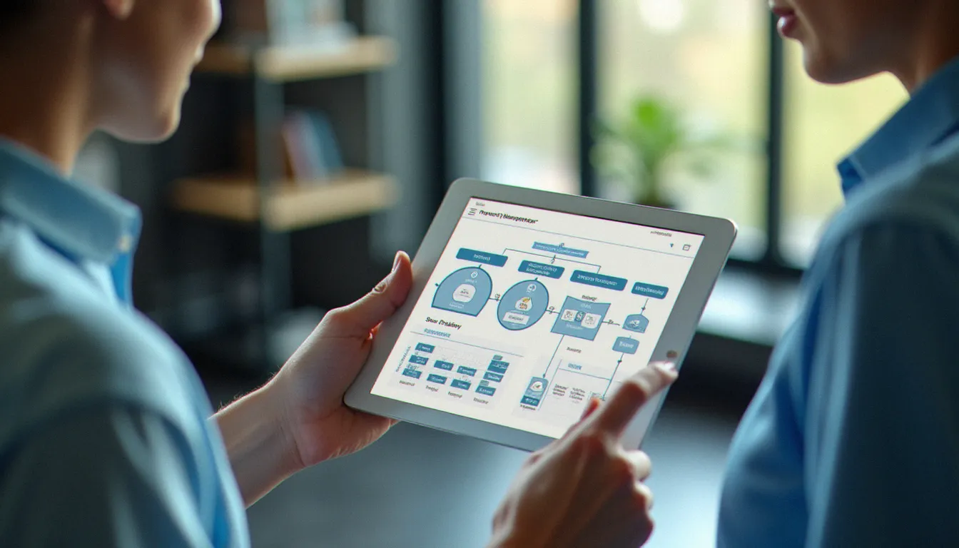 Deux gestionnaires immobiliers collaborant sur l'intégration d'un protocole d'échange de données etel via un logiciel de gestion sur tablette