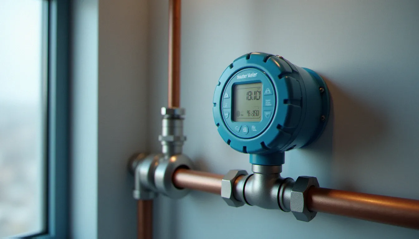 Compteur d'eau intelligent installé sur une canalisation dans un local technique, affichant les données de consommation en temps réel pour optimiser le suivi du réseau