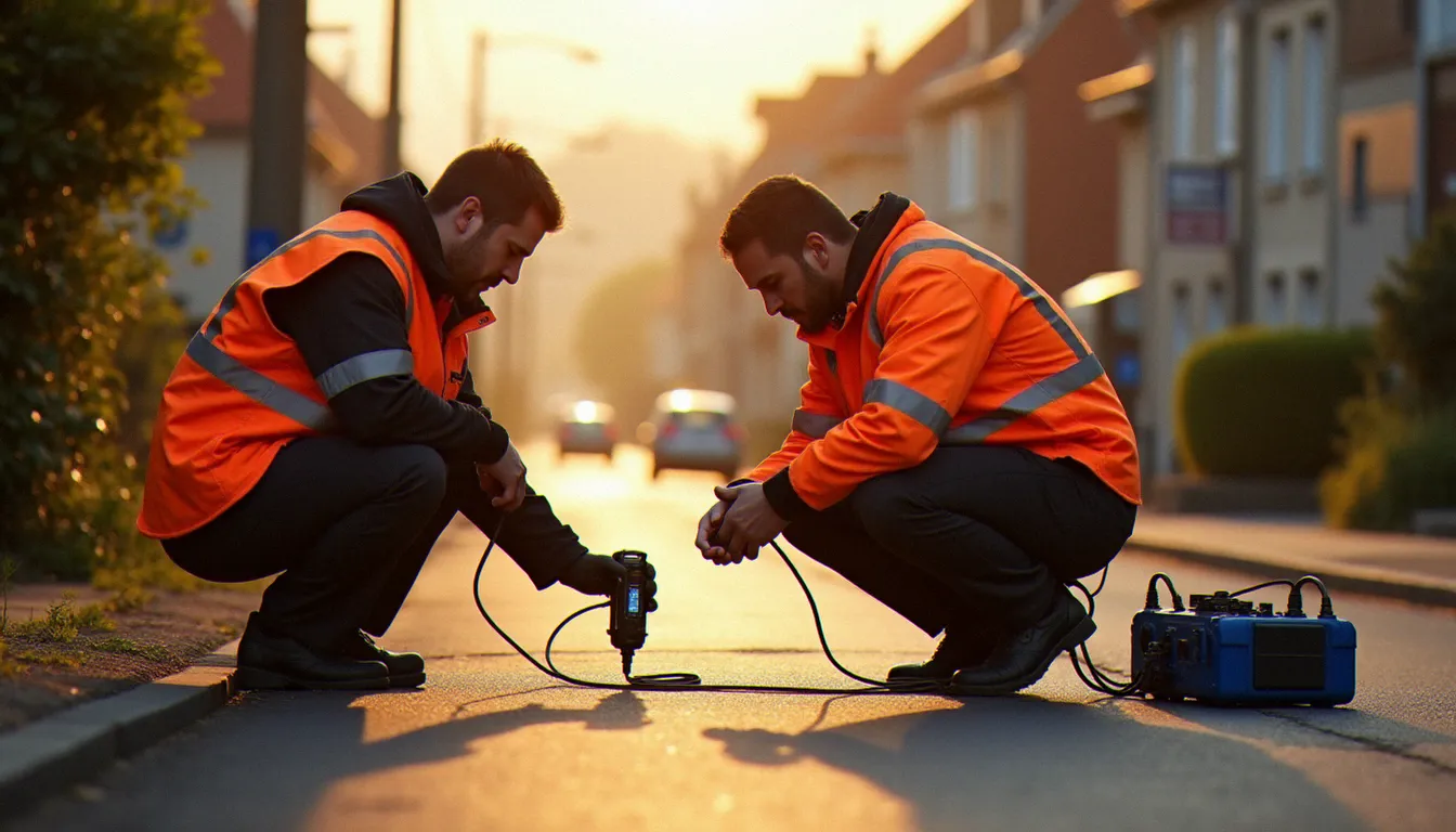 Techniciens utilisant un équipement de détection acoustique de fuites sur un réseau de distribution d'eau dans une rue résidentielle française, dans le cadre d'une mission de réduction des pertes