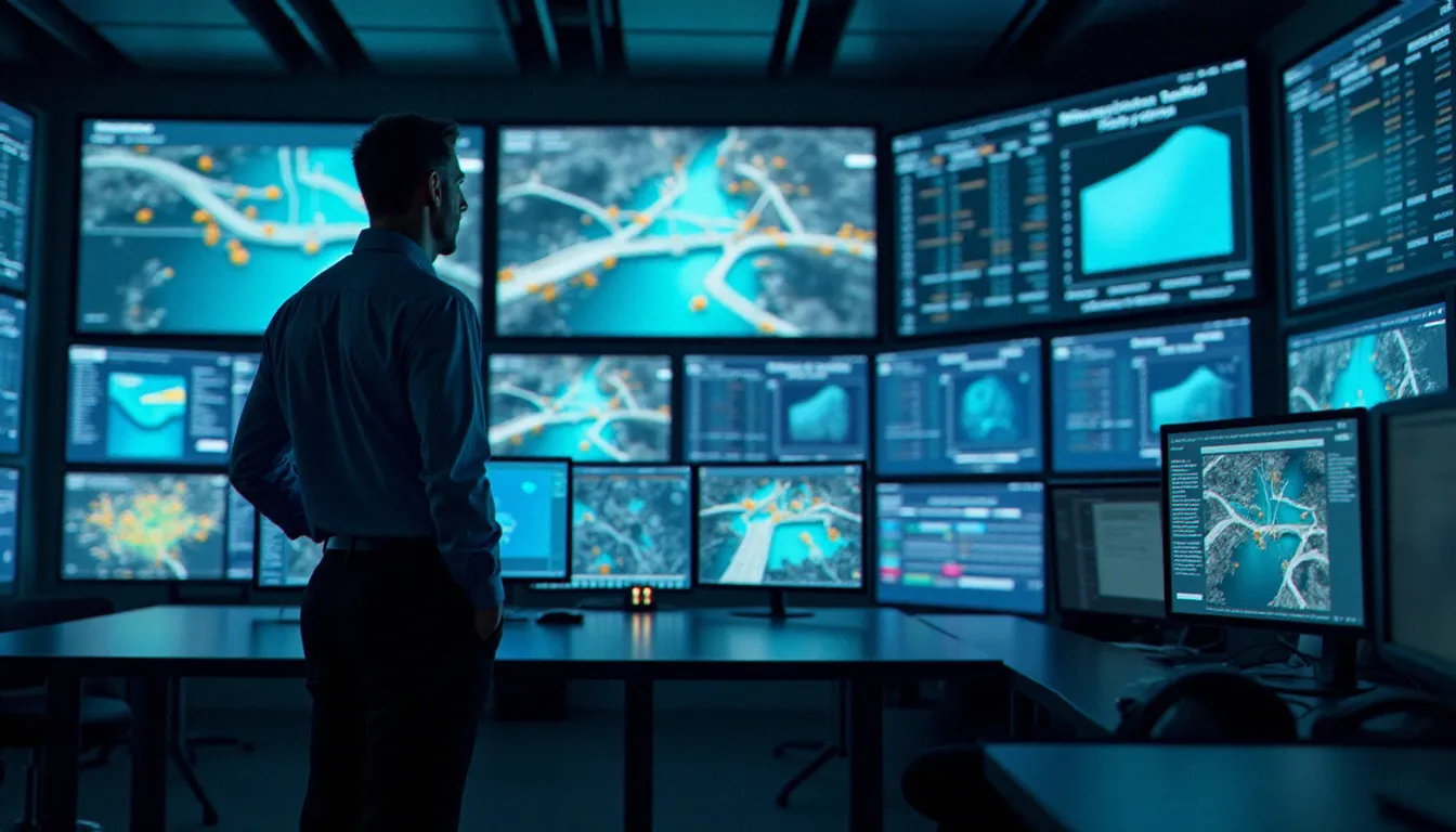 Un technicien analyse les données de gestion efficace de l'eau sur un tableau de bord numérique dans une salle de supervision de réseau hydraulique