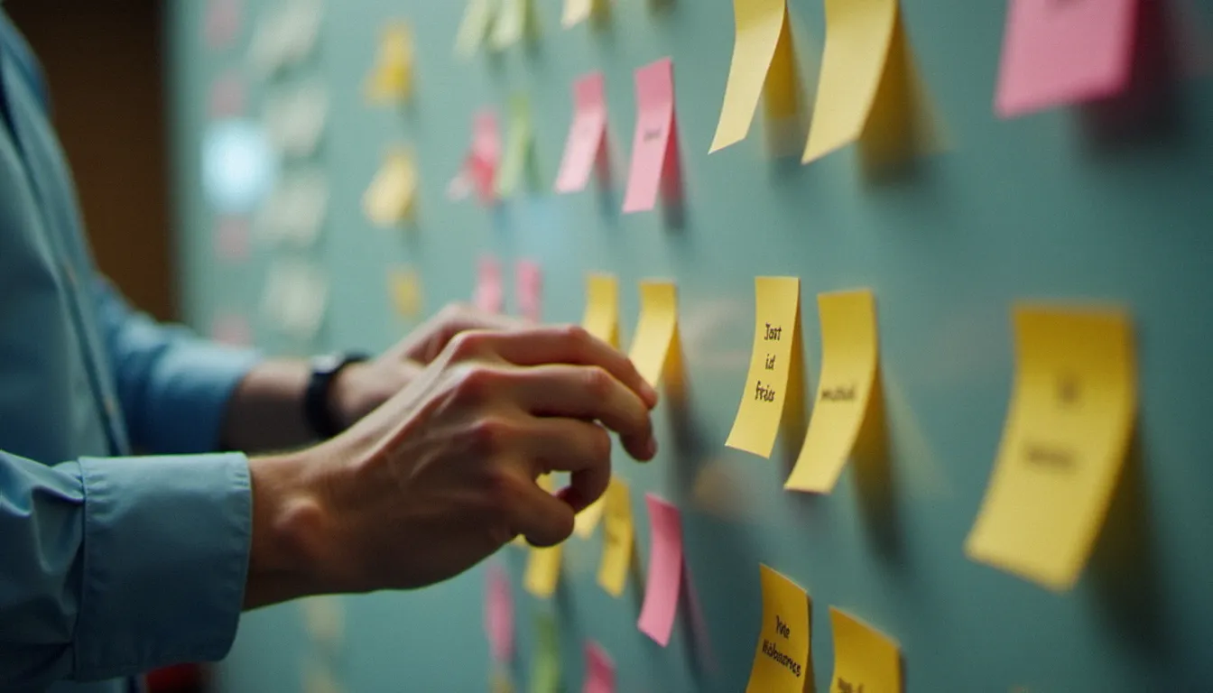 Mains organisant des notes structurées par étapes sur un tableau de pilotage, représentant le déploiement méthodique d'un harnes par périmètre prioritaire dans une organisation