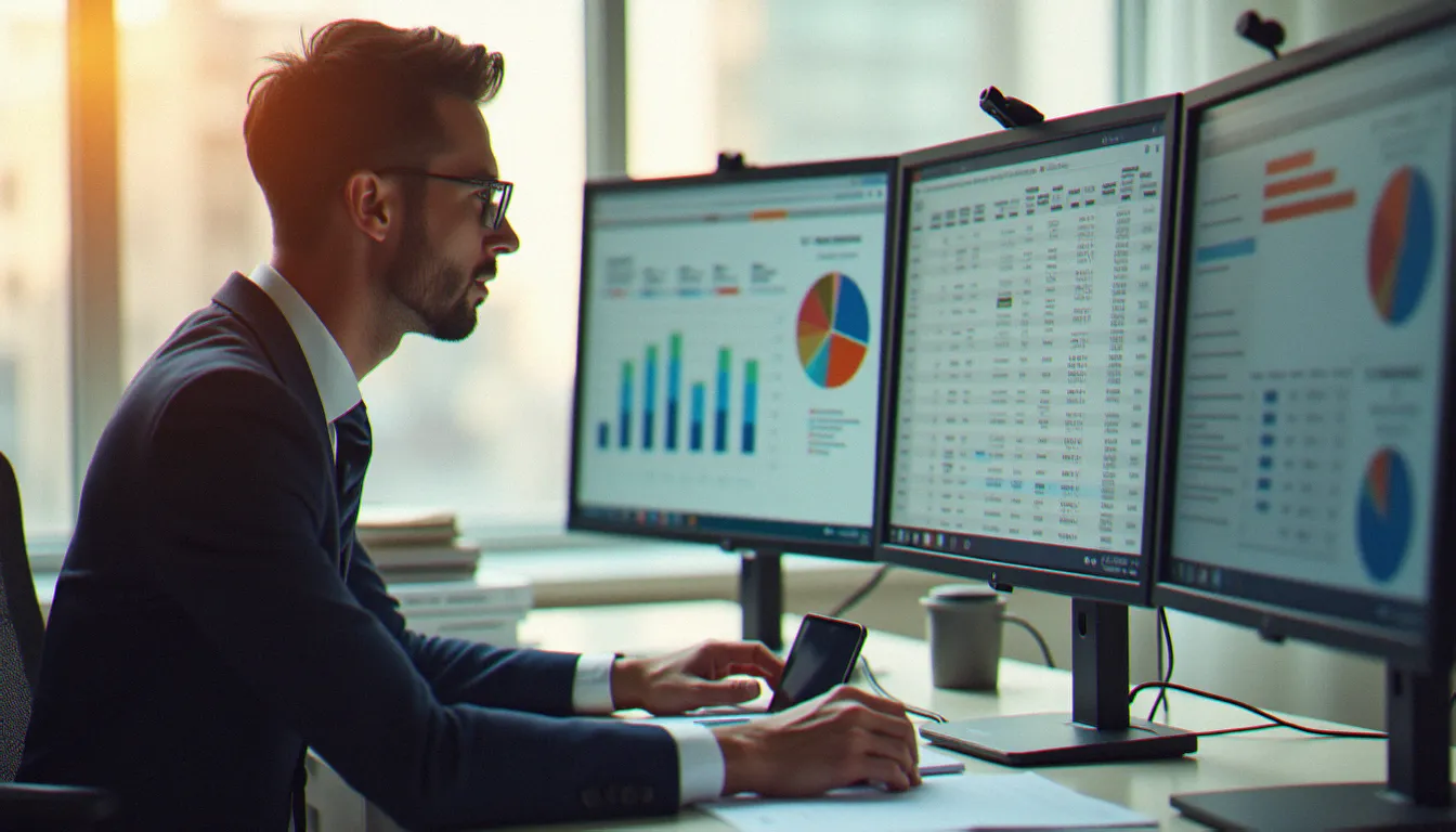 Gestionnaire immobilier consultant des tableaux de suivi et des logiciels de gestion sur ordinateur dans un bureau professionnel, illustration des méthodes d'organisation appliquées à la copropriété