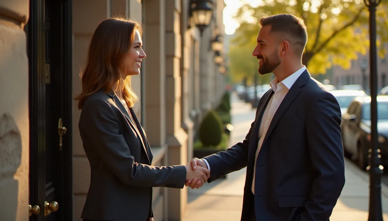Agent immobilier remettant les clés d'un appartement à un locataire devant un immeuble résidentiel classique, illustrant la gestion locative externalisée dans le secteur de Joinville-le-Pont