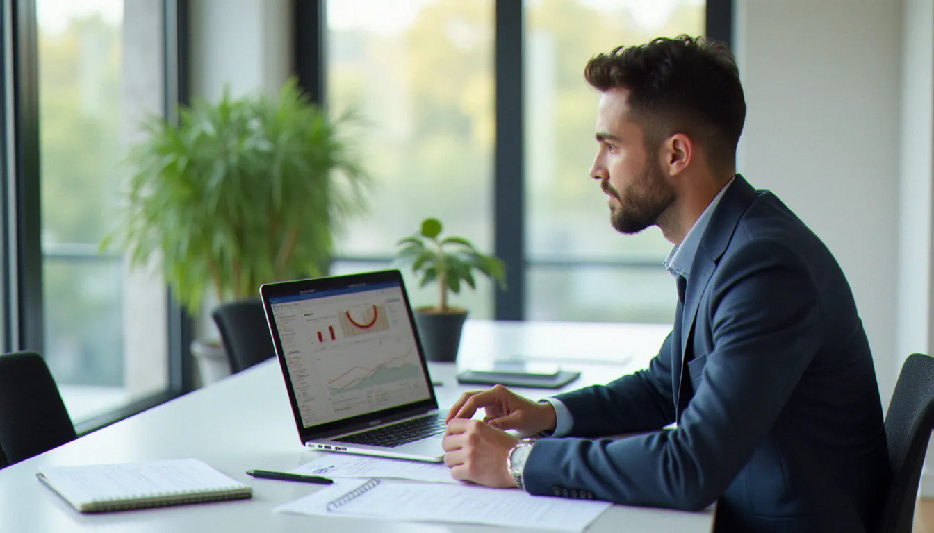 Gestionnaire de copropriété professionnel analysant des documents administratifs et financiers dans un bureau moderne, illustrant la rigueur requise pour la gestion des syndicats à La Garenne-Colombes