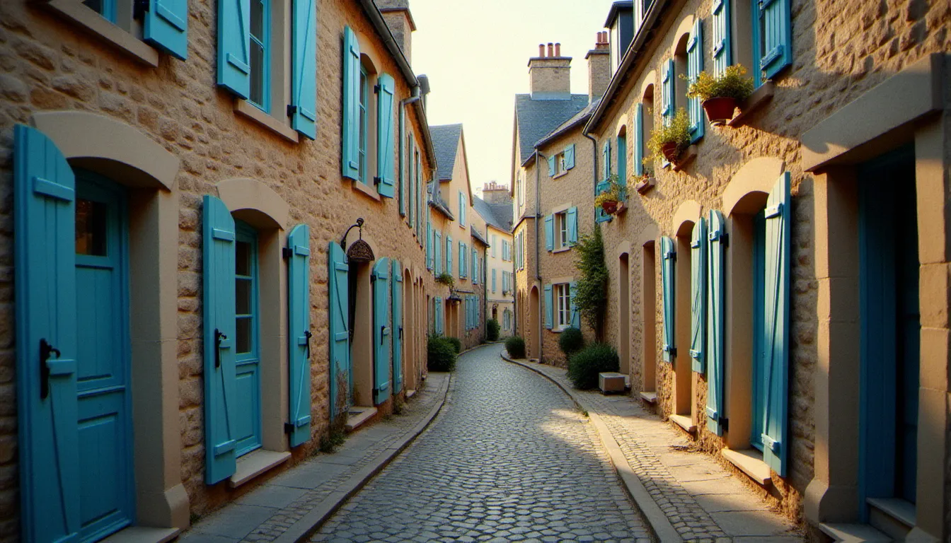 Façade en pierre bretonne avec volets bleus dans une ruelle pavée, représentant le patrimoine immobilier typique à gérer à La Roche-Bernard