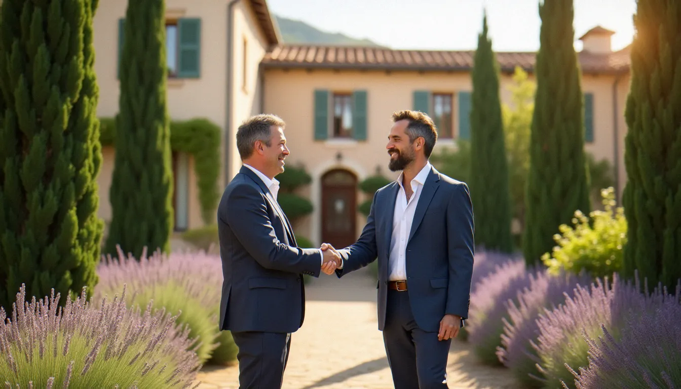 Propriétaire et consultant immobilier se serrant la main devant un immeuble résidentiel méditerranéen bien entretenu à La Valette-du-Var, illustrant la signature d'un mandat de gestion externalisée