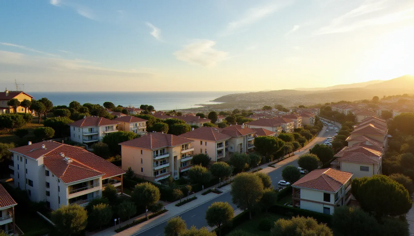 Vue aérienne du quartier résidentiel de La Valette-du-Var avec ses immeubles et maisons aux toits en tuiles, entourés de végétation méditerranéenne, avec la baie de Toulon visible en arrière-plan
