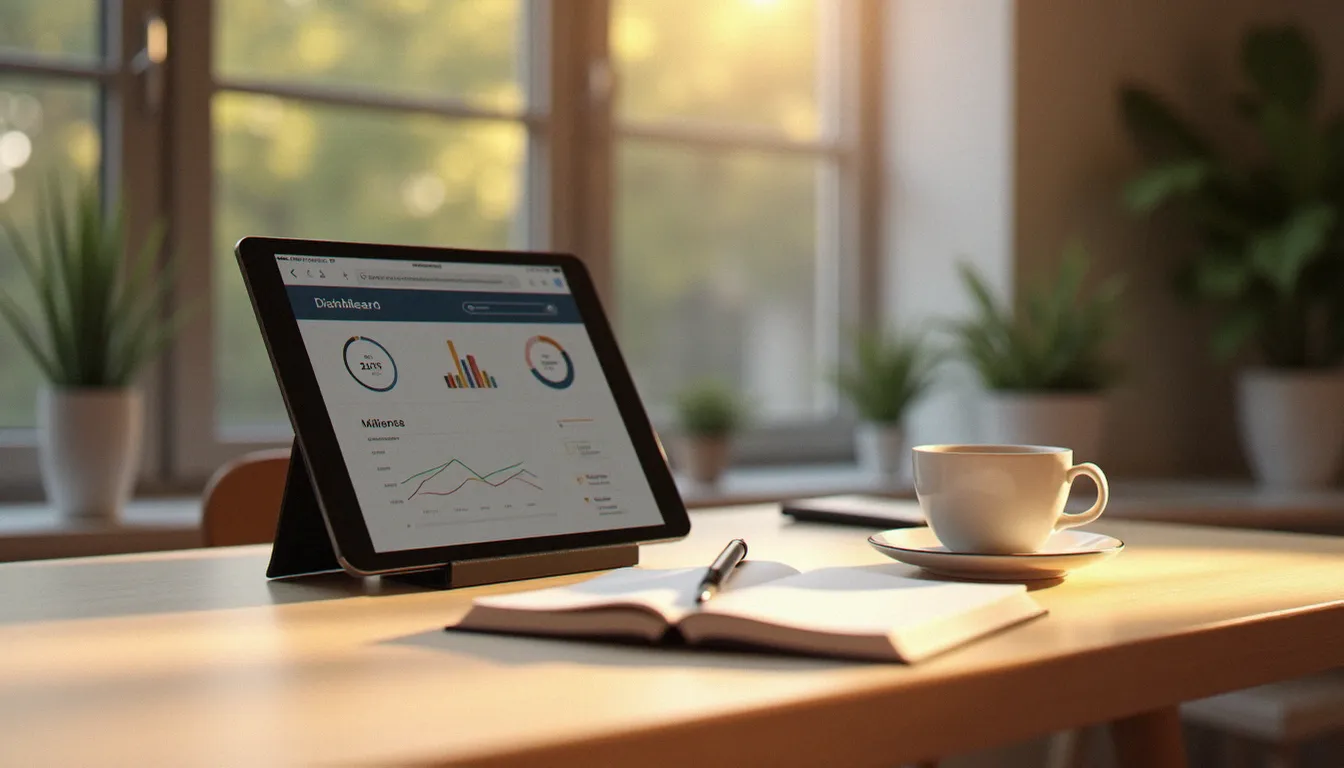Bureau organisé avec une tablette affichant un tableau de bord d'annonces et un carnet de suivi, symbolisant la gestion structurée d'un espace personnel sur une plateforme de petites annonces