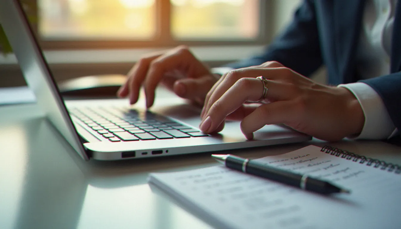 Rédaction méthodique d'une annonce immobilière sur ordinateur portable, avec critères de sélection notés à la main à côté du clavier