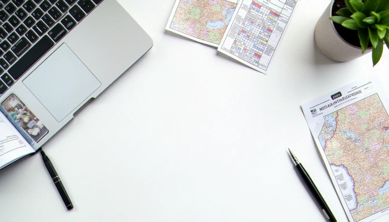 Vue aérienne d'un espace de travail organisé pour la gestion locative parisienne, avec tablette, fiches de suivi des candidats et plan des arrondissements de Paris