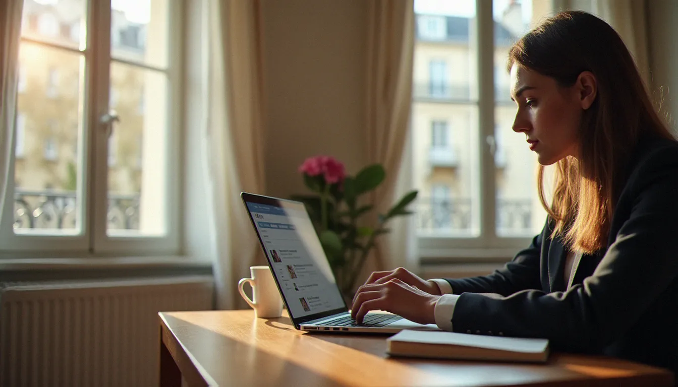 Gestionnaire immobilier consultant des annonces leboncoin paris sur un ordinateur portable dans un appartement haussmannien lumineux à Paris