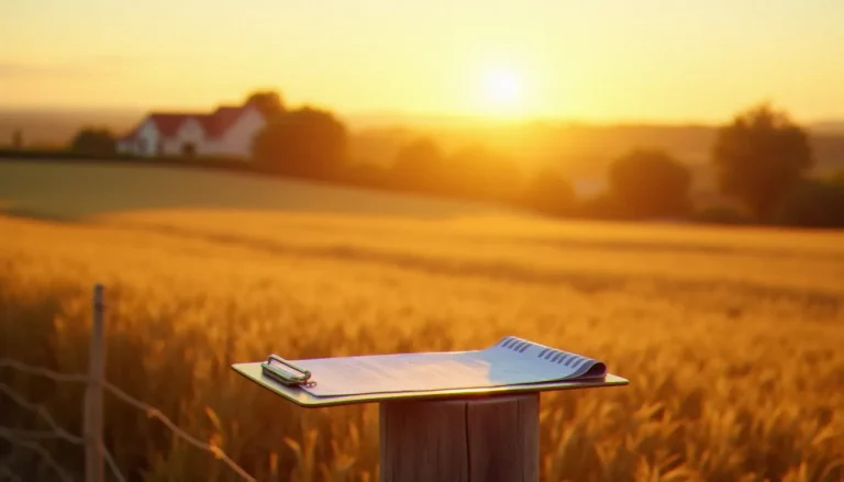 Paysage agricole français avec documents réglementaires au premier plan, illustrant les enjeux de la loi Duplomb pour la gestion des exploitations